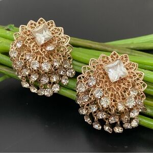 Unique Vintage Gold-tone Rhinestones Waterfall Ornate Clip On Earrings 22g